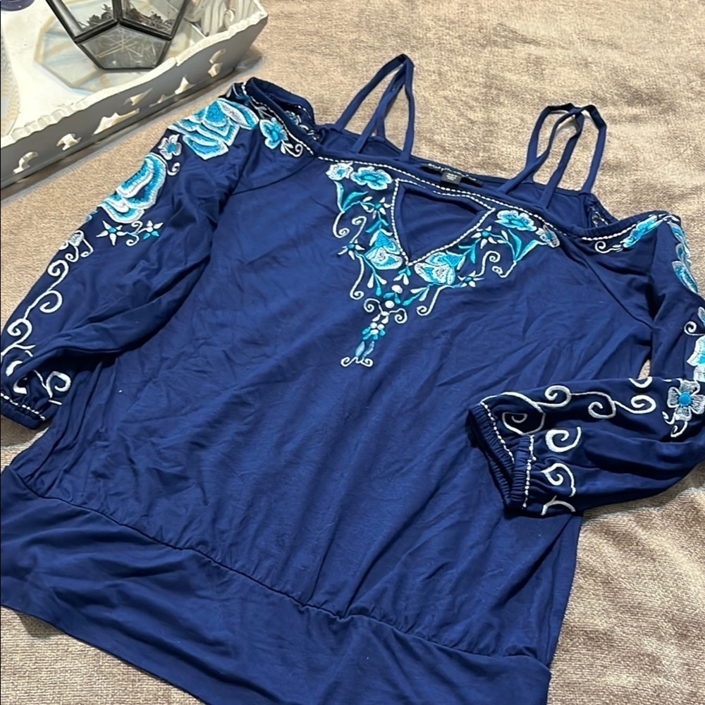 Embroidered Off the Shoulder Blue Top, Size Small